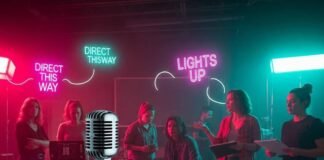 How Women Are Shaping the Future of Entertainment A blurry photo of women directors on a chaotic film set with pink and teal lights.