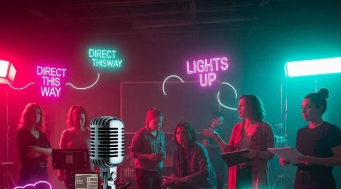 How Women Are Shaping the Future of Entertainment A blurry photo of women directors on a chaotic film set with pink and teal lights.