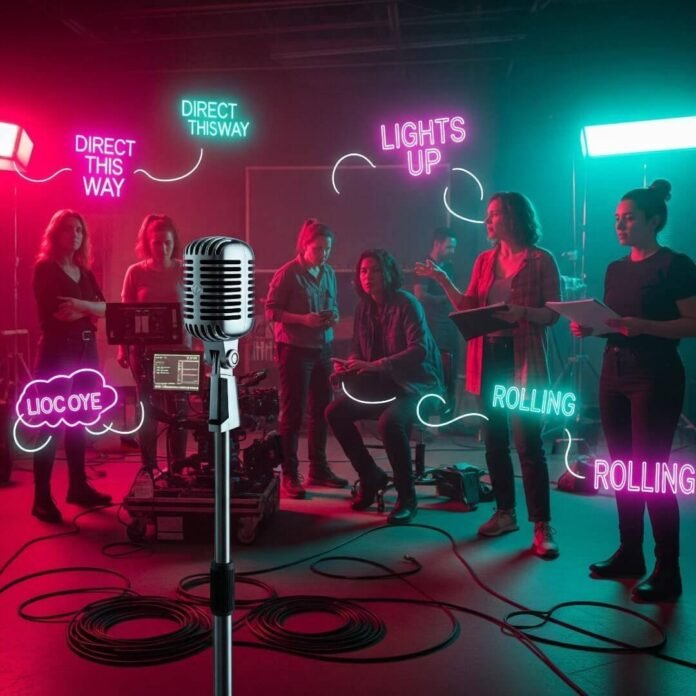 A blurry photo of women directors on a chaotic film set with pink and teal lights.