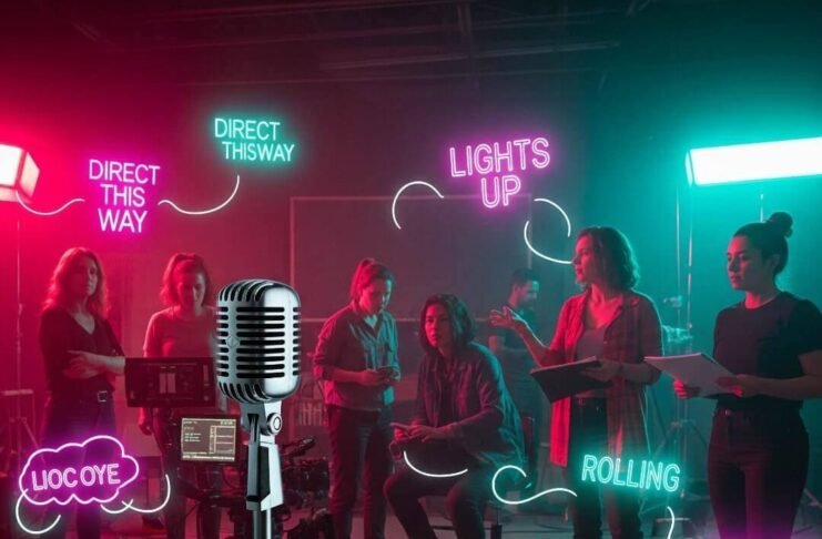 How Women Are Shaping the Future of Entertainment A blurry photo of women directors on a chaotic film set with pink and teal lights.