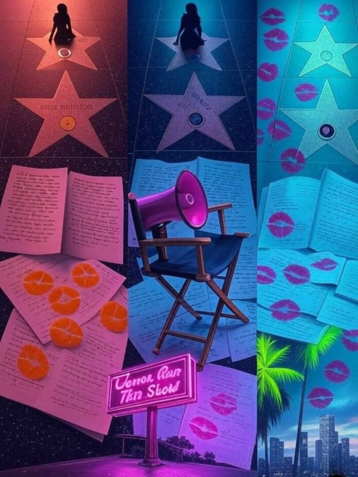 Hollywood feminism triptych: star silhouette, director chair, neon "Women Run This Show" sign.