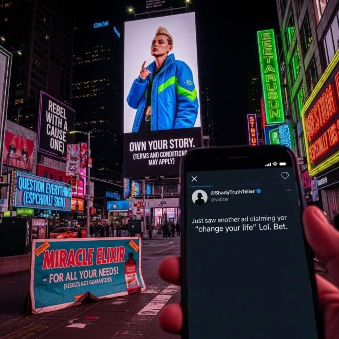 "Times Square chaos: gender-neutral model billboard, crumpled ad, glowing phone."