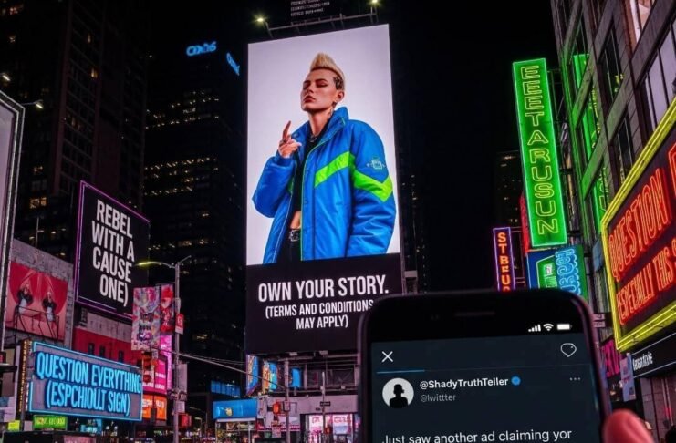 Are Ads Still Sexist? A Deep Dive into 2025 Campaigns "Times Square chaos: gender-neutral model billboard, crumpled ad, glowing phone."