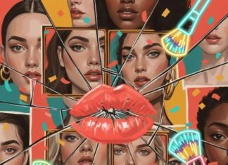 How Women Are Redefining Beauty in Advertising Impressionistic digital painting of diverse women's faces, bold lipstick, cracked mirror, neon brushes.