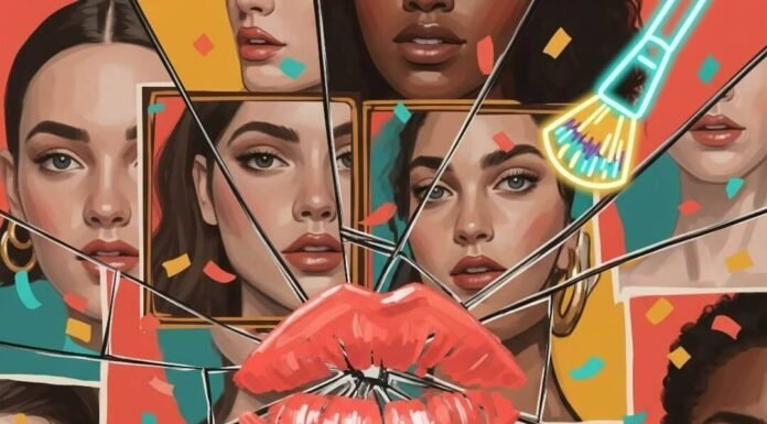How Women Are Redefining Beauty in Advertising Impressionistic digital painting of diverse women's faces, bold lipstick, cracked mirror, neon brushes.
