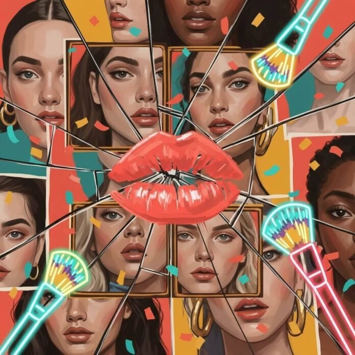 Impressionistic digital painting of diverse women's faces, bold lipstick, cracked mirror, neon brushes.