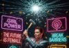 Breaking Stereotypes: Feminist Wins in Brand Campaigns Woman in retro suit smashes glass ceiling with hammer, surrounded by neon feminist slogans.
