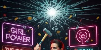 Breaking Stereotypes: Feminist Wins in Brand Campaigns Woman in retro suit smashes glass ceiling with hammer, surrounded by neon feminist slogans.