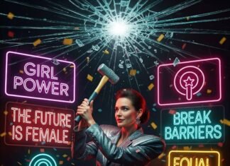 Breaking Stereotypes: Feminist Wins in Brand Campaigns Woman in retro suit smashes glass ceiling with hammer, surrounded by neon feminist slogans.