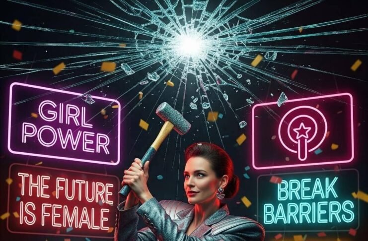 Breaking Stereotypes: Feminist Wins in Brand Campaigns Woman in retro suit smashes glass ceiling with hammer, surrounded by neon feminist slogans.
