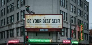 The Problem with “Empowerment Marketing” Woman rolls eyes at "Be Your Best Self!" billboard, pigeon in sunglasses.