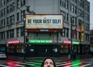 The Problem with “Empowerment Marketing” Woman rolls eyes at "Be Your Best Self!" billboard, pigeon in sunglasses.