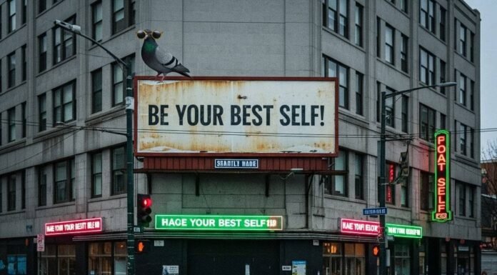 The Problem with “Empowerment Marketing” Woman rolls eyes at "Be Your Best Self!" billboard, pigeon in sunglasses.
