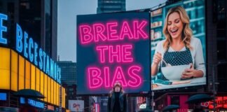 Gender Bias in Ads: Spot It, Call It Out, Change It A person stands on a city street, looking up at a "Break the Bias" billboard.
