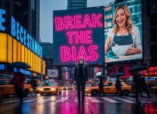 Gender Bias in Ads: Spot It, Call It Out, Change It A person stands on a city street, looking up at a "Break the Bias" billboard.