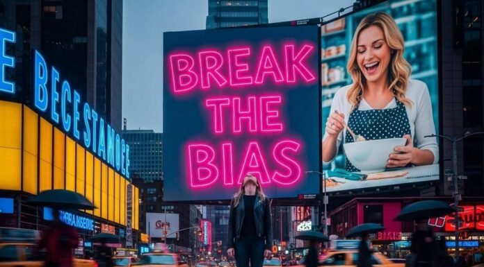 Gender Bias in Ads: Spot It, Call It Out, Change It A person stands on a city street, looking up at a "Break the Bias" billboard.