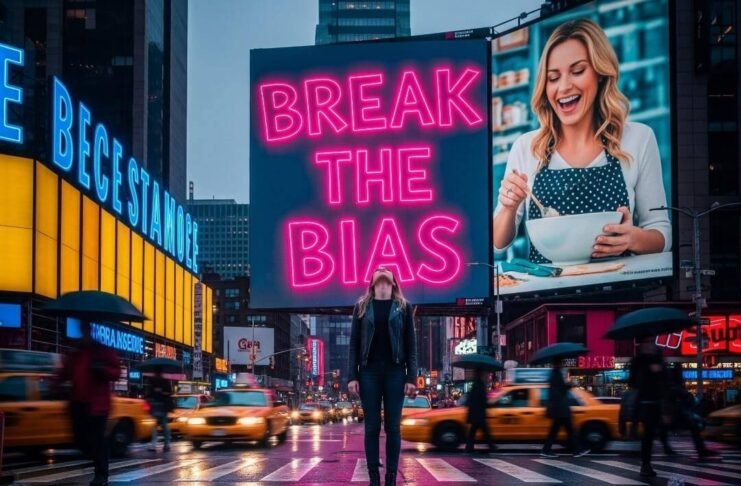 Gender Bias in Ads: Spot It, Call It Out, Change It A person stands on a city street, looking up at a "Break the Bias" billboard.