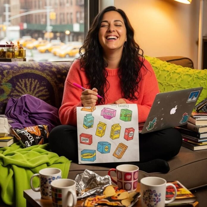 A woman laughing, sketching product boxes on a napkin in a cozy, cluttered apartment.