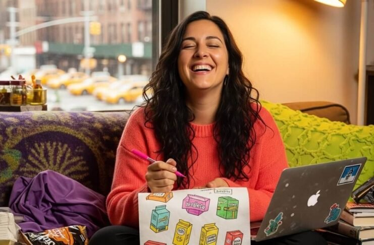 How Brands Are Listening to Women—And Why It Works A woman laughing, sketching product boxes on a napkin in a cozy, cluttered apartment.