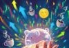 Women & Wealth: Smart Investment Tips for Beginners Impressionistic digital painting: Hand clutching glowing piggy bank, stock charts, winking coin, dollar-sign coffee cups.
