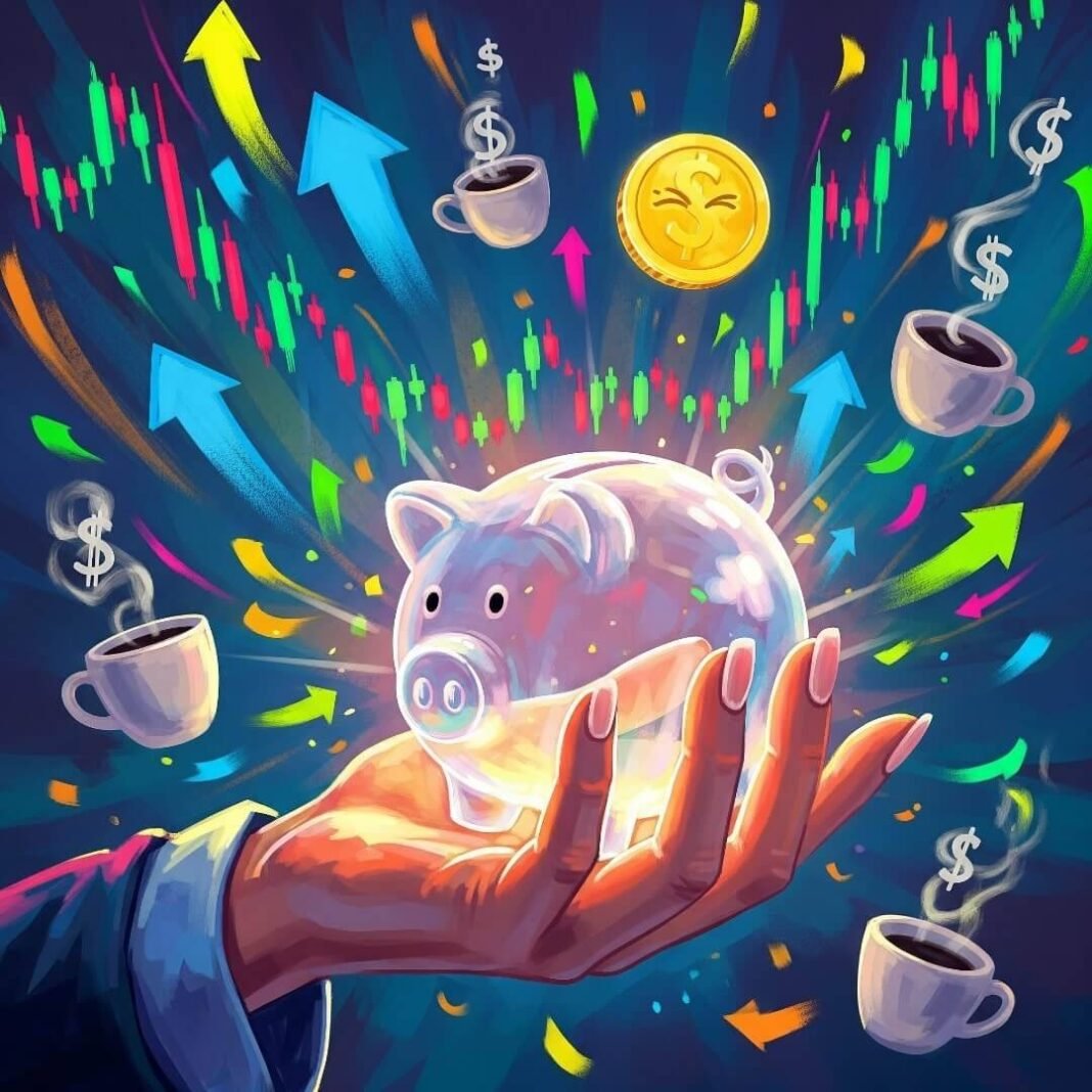 Impressionistic digital painting: Hand clutching glowing piggy bank, stock charts, winking coin, dollar-sign coffee cups.