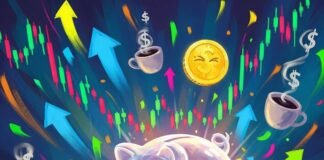 Women & Wealth: Smart Investment Tips for Beginners Impressionistic digital painting: Hand clutching glowing piggy bank, stock charts, winking coin, dollar-sign coffee cups.