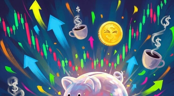 Women & Wealth: Smart Investment Tips for Beginners Impressionistic digital painting: Hand clutching glowing piggy bank, stock charts, winking coin, dollar-sign coffee cups.