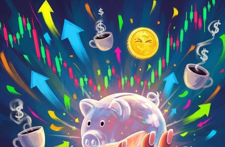 Women & Wealth: Smart Investment Tips for Beginners Impressionistic digital painting: Hand clutching glowing piggy bank, stock charts, winking coin, dollar-sign coffee cups.