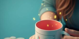 The Best Investment Apps for Women in 2025 Smartphone with investment apps, hand holding stock chart mug, scattered coins.