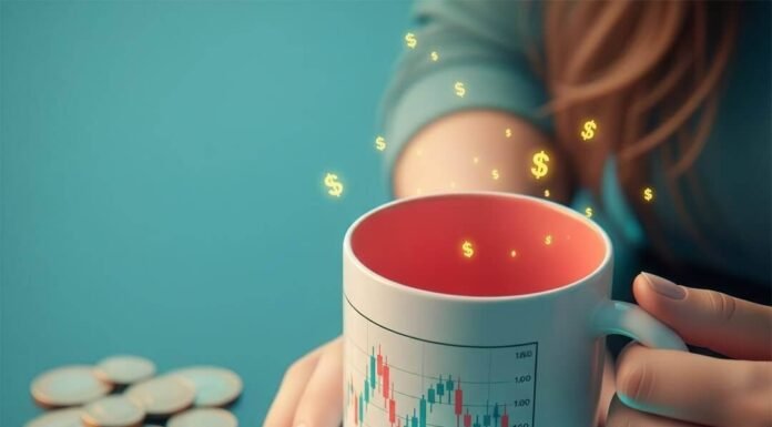 The Best Investment Apps for Women in 2025 Smartphone with investment apps, hand holding stock chart mug, scattered coins.