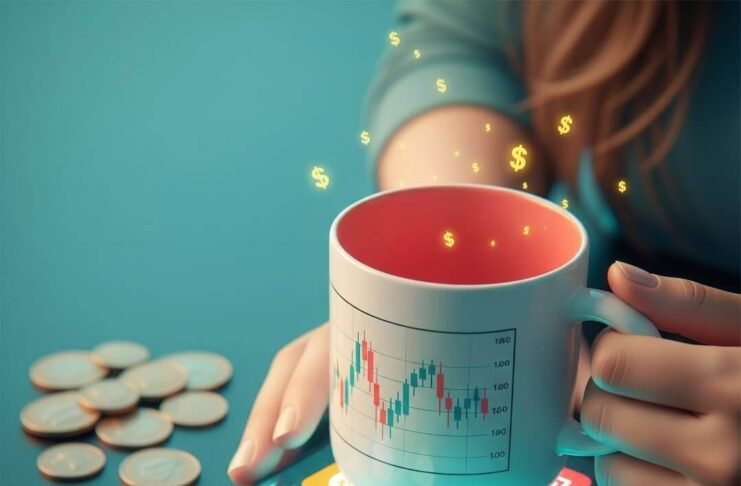 The Best Investment Apps for Women in 2025 Smartphone with investment apps, hand holding stock chart mug, scattered coins.