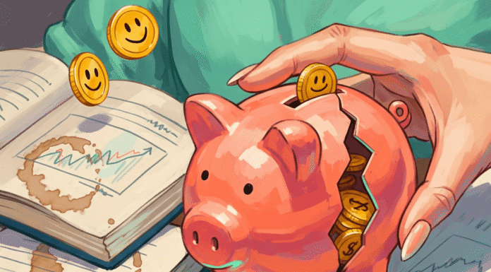 How to Start Investing as a Woman (Even If You’re Clueless) A woman's hand holds a cracked piggy bank with coffee-stained books.