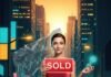 Why More Women Are Choosing Real Estate Over Stocks Woman holding a "Sold" sign in a vibrant cityscape, with a crumpled stock graph.