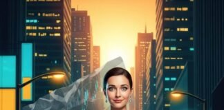 Why More Women Are Choosing Real Estate Over Stocks Woman holding a "Sold" sign in a vibrant cityscape, with a crumpled stock graph.