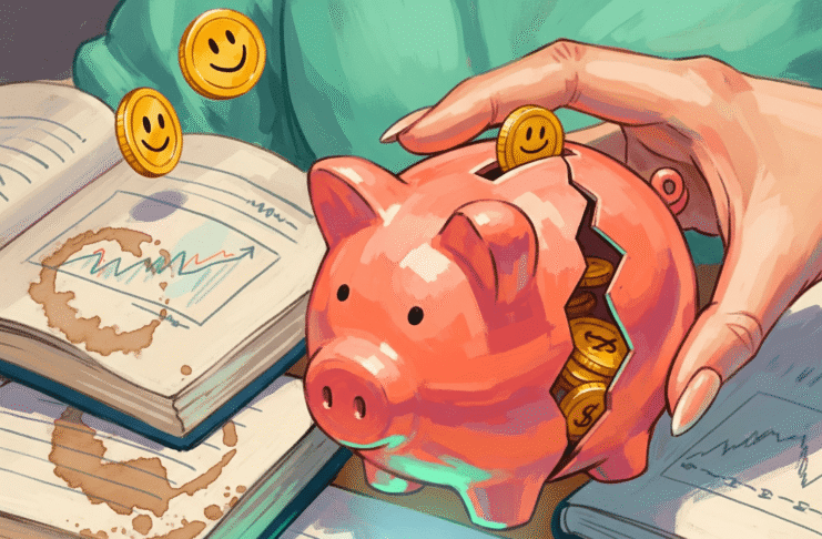 How to Start Investing as a Woman (Even If You’re Clueless) A woman's hand holds a cracked piggy bank with coffee-stained books.