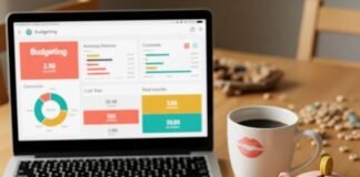 Investing for Moms: Building Wealth While Raising Kids Cluttered kitchen table with laptop, piggy bank, coffee mug, and Cheerios.