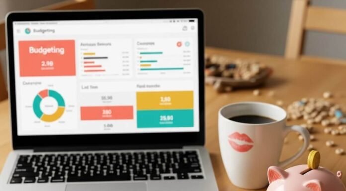 Investing for Moms: Building Wealth While Raising Kids Cluttered kitchen table with laptop, piggy bank, coffee mug, and Cheerios.