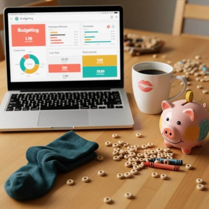 Cluttered kitchen table with laptop, piggy bank, coffee mug, and Cheerios.