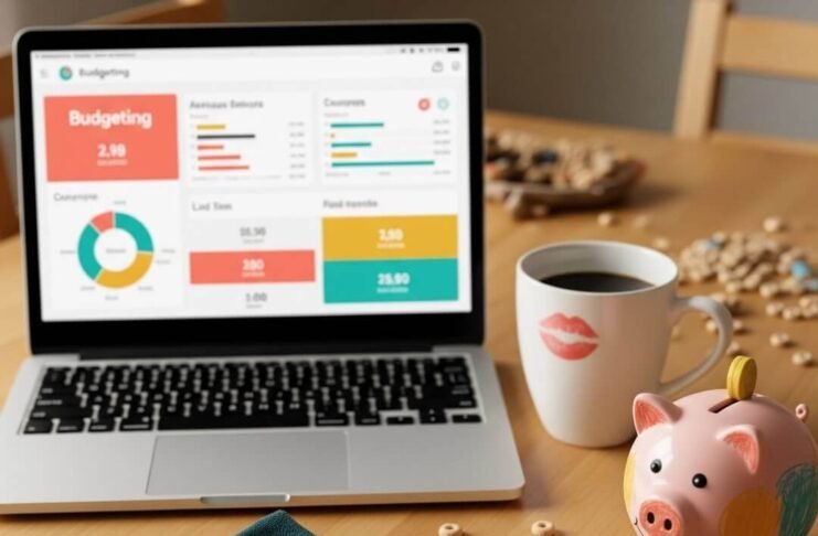 Investing for Moms: Building Wealth While Raising Kids Cluttered kitchen table with laptop, piggy bank, coffee mug, and Cheerios.