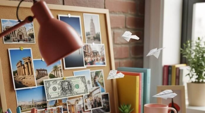 How to Create a Financial Plan That Supports Your Dreams? Cluttered Brooklyn desk: vision board, money notes, tiny paper airplanes.