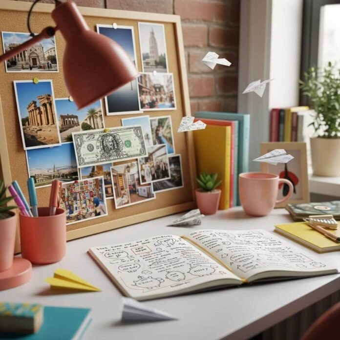 Cluttered Brooklyn desk: vision board, money notes, tiny paper airplanes.